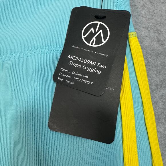 Move Theology Two Stripe Leggings WMNS S Teal Yellow Deluxe Rib Pull On Stretchy - Picture 7 of 11